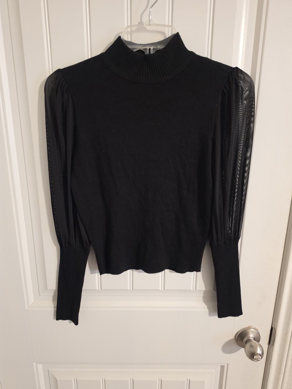 Almost Famous Women’s Small Black Mock Neck Top Sheer Mesh Puff Sleeve Ribbed